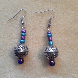 Green and Purple with silver ornate ball earrings